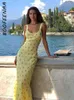 BOOFEENAA Vacances Jaune Imprimé Floral Flare Robe D'été Femmes 2022 Mode Décontracté Sans Manches Longues Robes Maxi Y2k C71-CI29 Y220304