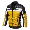 Män Gul Läder Jacka Patchwork Biker Jacka Män Casual Zipper Coat Men Motorcykeljacka Slim Fit Fur Fodrad Outwear Coat 211101