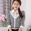 Femmes Dentelle Épissée Broderie OL Blouses Tops Féminin Slim Chemise Coréenne Mode Stripe Tops Plus Taille 4XL 210721