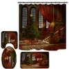 Merry Christmas Douchegordijn Set Rood Nosed Rendier Sneeuwvlok Badkamer Decor Douches Gordijnen Set met antislip tapijt toilet deksel en bad mat 165 * 180cm HH21-802