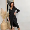 Kobiety Cross Slim Party Dress Sexy V Neck Długie Rękaw Sashes Office Lady Dress 2021 Casual Winter Winter New Fashion Midi Suknie