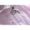Sommar ankomst kvinnor klänning katt broderi stripe mesh kort ärm kläder rosa cool 4154 50 210521
