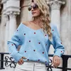 Heart Print V Hals Stickad Oversierad Casual Sweater Pullovers Kvinnor Vit Vinter Varm Vintage Jumper 210427