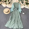 Neploe O Neck Long Sleeve Pullover Dress Women High Waist Hip Sashes Candy Color Vestidos Pleat Design Spring Long Robe 210423