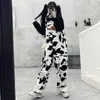 Houzhou Hippie Cow Print Drukuj Harajuku Krowa Wzorzyste Spodnie Koreański Styl Kombinezony Casual Baggy Szerokie spodnie nóg Spring 211006