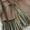 Chic Anzug Kordelzug Stehkragen Blumendruck Plissee Kleid + Einfarbig Einfache Elegante Weste Frauen 2 Stück Set 210422