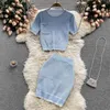 Tvåbitar Set Kvinnor Pullover Tröja + Mini Skirt Suit Short Sleeve Sticka Top Elasticity Waist Sets Stickad Tracksuit 210514