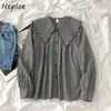 Neploe Doll Collar Hit Color Patchwork Loose Blue Women Långärmning Single Breast Sweet Blusas Spring Shirt Feminino 210326