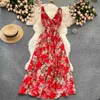 Seaside Holiday Women's Fashion Sexy Summer V Neck Sleeveless Pleated Waist Thin Floral Print Dress Vestidos S421 210527