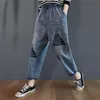Spring Autumn Arts Style Women Elastic Waist Loose Jeans Vintage Embroider Cotton Denim Harem Pants Plus Size S8 210512