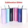 Süblimasyon Glitter Tumbler Düz Tumblers Kahve Kupa Paslanmaz Çelik Gökkuşağı Vakum Yalıtımlı Su Şişesi Ile Saman YFA2894