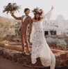Vintage haak kant boho trouwjurken met lange mouw 2022 off schouder platteland bohemian celtic hippie bruid toga robe