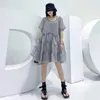 [EAM] Gray Chiffon Dress Two Pieces Suit Round Neck Short Sleeve Black Loose Women Fashion Spring Summer 1DD7979 21512