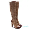 Boots Fashion Women Knee High Square Heels Pointed Toe Gorgeous Red Brown Party Shoes US Size 4-12