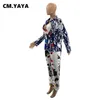 CM.YAYA Print Full Sleeve Single Button Full Length Straight Pant 2 Piece Set Women Turn-down Collar Two Piece Outfit Fashion Y0625