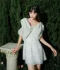 Mint Green Jacquard Off Shoulder Backless Mini Dress Women Big Bow Tunic A Line Summer Tulle Designer 210427