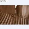 Zevity Donna Vintage Profondo scollo a V Tinta unita Pu Pelle Mini abito pieghettato Femme Chic Cinturino regolabile Vestido Panno DS5020 210603