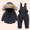 2pcs Set Baby Girl winter down jacket and jumpsuit for children Thicken Warm fur collar girls Infant snowsuit 0-4Year 211027