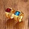 Sapphire Ruby Gemstones Azul Vermelho Zircon Diamantes Anéis Para Homens 18K Tom De Ouro De Aço Inoxidável Dragão Jóias Bijoux Presente De Moda