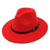 Classique unisexe Chapeu Fedora Stiff Wide Brim Panama Hat Jazz Gangster Trilby Churh Caps Ceinture en cuir marron