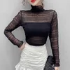 Autumn Long Sleeve White Blouse Women High Elastic Mesh Lace Pullover Casual Pleated Shirt Tops Mujer 10458 210512