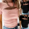 Mulheres de verão t-shirt Tops Casual cor sólida oco out design O-pescoço Slim manga curta preta rosa pulôver Tees streetwear 210526