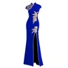 Blu classico spacco alto cheongsam collo alto maniche corte maniche ricamate abiti orientali da donna cinese QIPAO7355164