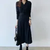 High Quality Korean Style Knitting Dress Female V-neck Elegant Sweater Vintage Woman Long Sleeve Robe Winter Autumn 210514