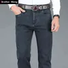 Autumn Winter Men's Stretch Jeans Business Casual Classic Style Trousers Black Gray Straight Denim Pants Male Brand 211124