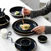 Roze zwart goud inlay keramische diner plaat tafelgerei porselein bulk serveergerechten thuis bruiloft decoratieve servies groothandel 210317