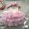 Toddler Bebek Kız Çocuklar Için 1. Doğum Günü Elbise Çiçekler Kemer Baş Yay Düğün Kıyafet Seti Çocuk Prenses Kostüm Kız Elbiseleri
