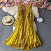 Neploe Elegant Lace Patchwork Hook Flower Chiffon Dress Women High Waist Hip A Line Long Vestidos Spring Long Sleeve Robe Solid 210423