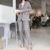 Moda britannica plaid donna blazer abiti da ufficio signora due pezzi set manica lunga pantaloni monopetto set 210514