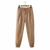 Vintage Khaki PU Pantalones de cuero Mujeres Sweetpants Streetwear Korean Joggers Pantalones de cintura alta 210521