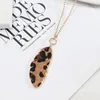 Leopard Print Leather Leaf Pendant Necklace Long Chain Sweater Necklaces