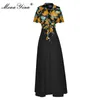 Designer Summer Skirt Suit Woman V-Neck Floral Print Slim Shirt and Black High Waist Long Skirts Two Piece Set 210524