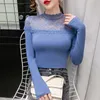Women's T-Shirt TingYiLi Vintage With Lace Spring Autumn Turtleneck Long Sleeve Tops Sexy Black White Coffee Blue Top Tee Female