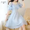 Korean Sweet Elegant Chic Women Princess Style Lovely Dress Slash Neck Hollow Out Vestidos Tulle Lace Sequined Party 210520