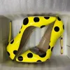 Venta caliente-Moda Mujer Bombas Amarillo Wave-point Charol Zapatos de tacón alto Polka Pot tacón fino Stiletto Punta estrecha Vestido