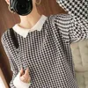 Suéter de algodón puro Mujeres Houndstooth Casual prendas de punto Collar de muñecas Jersey más tamaño Top para mujer 211123