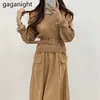 Урожай женщины свитер PatchoWork Maxi платье осень зима мода леди шикарный корейский платья с поясом Vestidos 210601