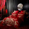 Set di biancheria da letto Red Luxury Gold Phoenix Loong Ricamo Matrimonio cinese 100% cotone Set Copripiumino Lenzuolo Copriletto Federe