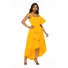Sukienka Assymetryczna Kobiety Żółty Bez Rękawów Flary Plisowany wieczór Party świętować Damskie sukienki zdarzeń Plus Size XXL z Bowtie 210527