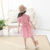 Zomer kids meisjes jurk roze plaid korte mouwen met sjerpen casual zoete stijl outfits kinderkleding E303 210610