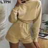 Herbstankunft ins einfache einfarbige Shorts zweiteiliges Set Frauen Langarm O-Ausschnitt Sweatshirt Lose Sportanzug 210427