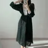 Lente herfst vrouwen elegante v-hals kant patchwork fee jurk vintage veer kwast lange hoge taille slank 210430