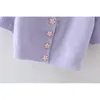 Fashion Spring vintage sexy collare quadrato bottone petale Purple maglione maglione cardigan Crop Top Women 210508