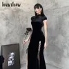 캐주얼 드레스 여성 복고풍 가을 겨울 긴 소매 Bodycon 벨벳 오픈 포크 분할 블랙 qipao 중국어 드레스 2022 가을 의류