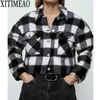 ZA Vintage Stylish Pockets Oversized Plaid Short Jacket Coat Women Fashion Lapel Collar Long Sleeve Loose Shirt Chic To 210602