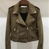 Kvinnans jackor 2022 Autumn Coat L￥ng ￤rm Solid Color Slim Fit Zipper Lapel Pu Suede Leather Jacket Temperament Lous Women